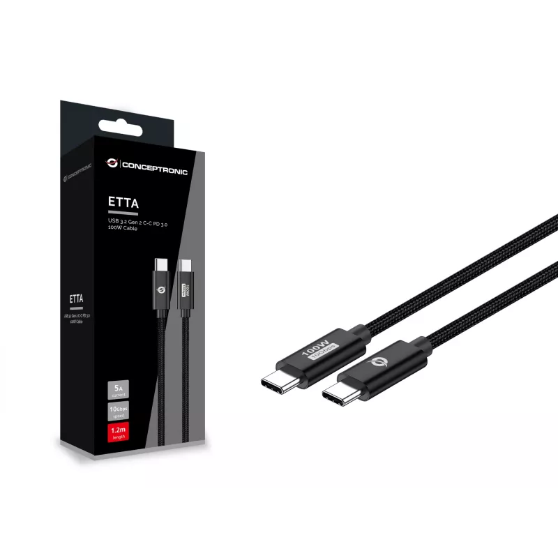 Conceptronic ETTA02B12 USB 3.2 Gen 2 C-C PD 3.0 100W Kabel 1,2 m, 20 V 5 A, 10 Gbit/s, E-Mark
