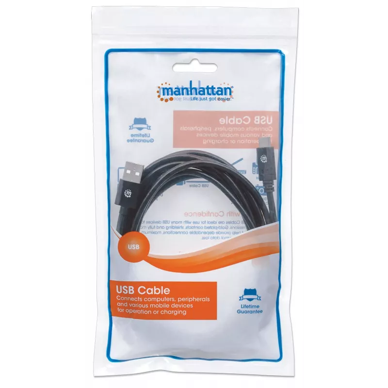 Manhattan USB-C-auf-USB-A-Kabel, 3 m, Stecker auf Stecker, 480 Mbit/s (USB 2.0), Hi-Speed USB, Schwarz, lebenslange Garantie
