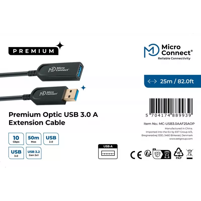 Microconnect MC-USB3.0AAF25AOP USB-Kabel USB 3.2 Gen 2 (3.1 Gen 2) 25 m USB A Schwarz
