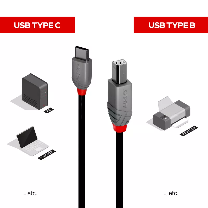 Lindy USB 2.0 Typ C auf B Kabel, 1 m, Anthra Line
