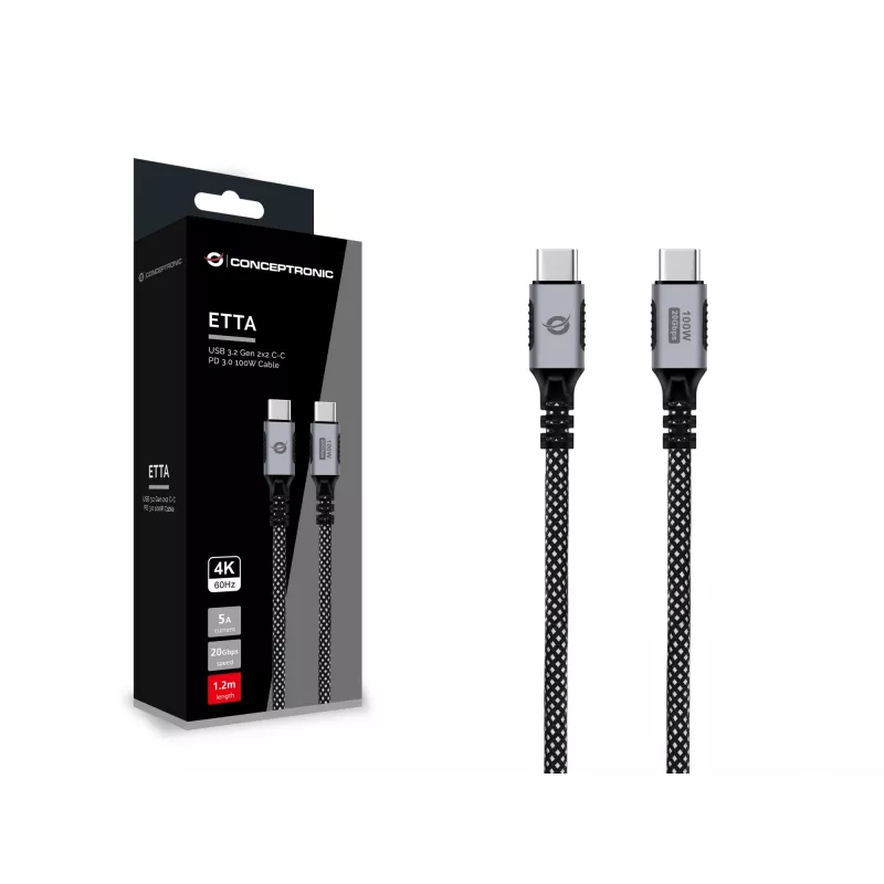 CONCEPTRONIC USB-C-auf-USB-C-Kabel ETTA07B12 – USB 3.2 Gen 2x2, 1,2 m, 20 Gbps, PD 3.0 100 W (20 V/5 A), 4K60Hz, Schwarz, E-Mark