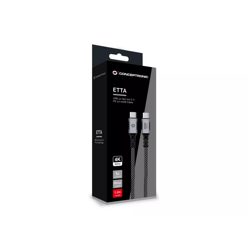 CONCEPTRONIC USB-C-auf-USB-C-Kabel ETTA07B12 – USB 3.2 Gen 2x2, 1,2 m, 20 Gbps, PD 3.0 100 W (20 V/5 A), 4K60Hz, Schwarz, E-Mark