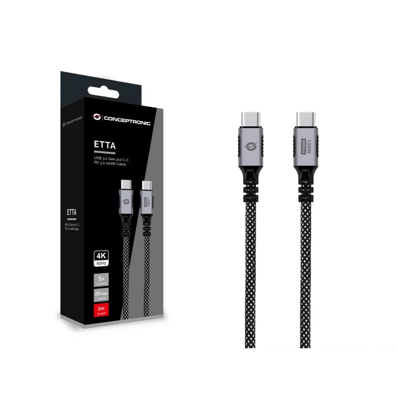 USB-C-auf-USB-C-Kabel CONCEPTRONIC ETTA07B20 — USB 3.2 Gen 2x2, 2 m, 20 Gbps, PD 3.0 100W (20V 5A), 4K@60Hz, E-mark
