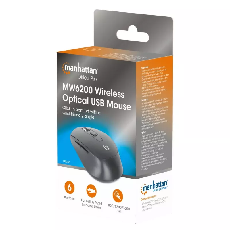 Manhattan MW6200 kabellose Maus, USB-A-Nanoempfänger, Schwarz
