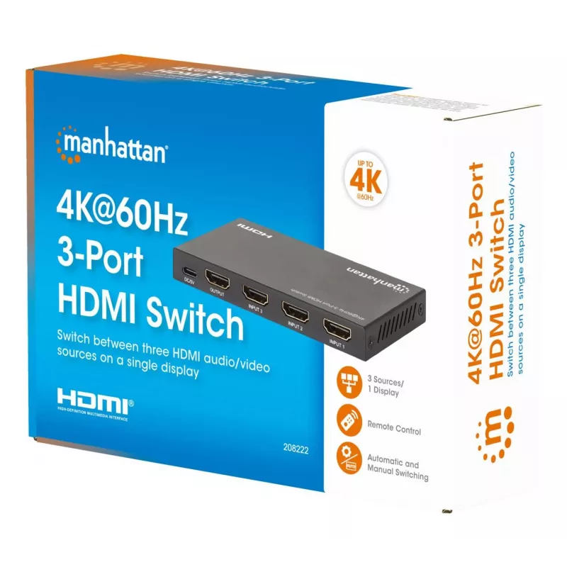 HDMI-Switch 3x1 MANHATTAN 18G Automatisch Manuell IR-Fernbedienung Schwarz