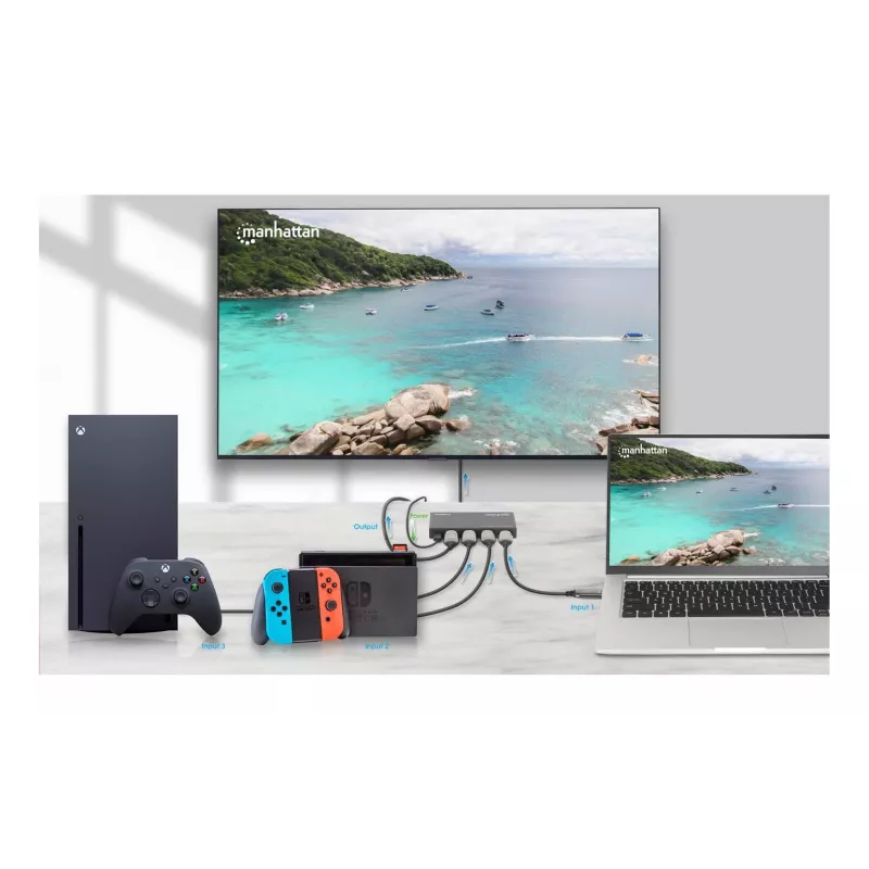 HDMI-Switch 3x1 MANHATTAN 18G Automatisch Manuell IR-Fernbedienung Schwarz