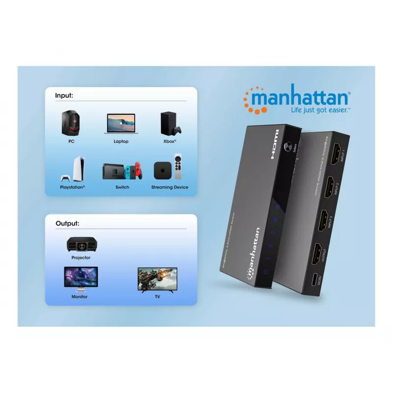 HDMI-Switch 3x1 MANHATTAN 18G Automatisch Manuell IR-Fernbedienung Schwarz
