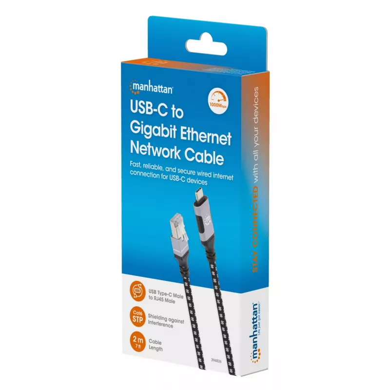 Manhattan USB-C auf Gigabit Netzwerk Ethernet RJ45 Kabel 2m Schwarz/Silber