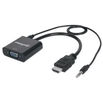 Manhattan HDMI-zu-VGA-Konverterkabel (mit Audio), 1080p, 30 cm, Stecker auf Buchse, Micro-USB-Stromeingang für zusätzliche Stromversorgung bei Bedarf, Schwarz, drei Jahre Garantie