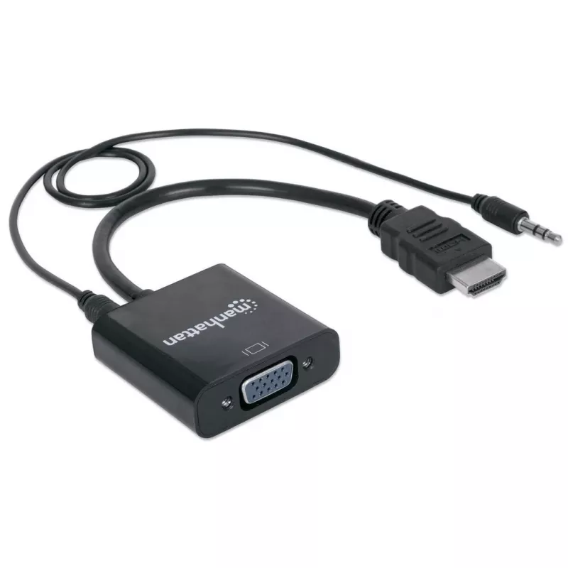 Manhattan HDMI-zu-VGA-Konverterkabel (mit Audio), 1080p, 30 cm, Stecker auf Buchse, Micro-USB-Stromeingang für zusätzliche Stromversorgung bei Bedarf, Schwarz, drei Jahre Garantie