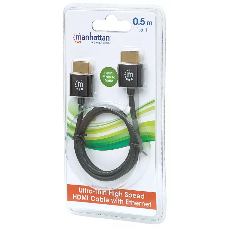Manhattan HDMI-Kabel mit Ethernet (Ultra Thin), 4K@60Hz (Premium High Speed), 0,5 m, Stecker zu Stecker, Schwarz, Ultra HD 4k x 2k, vollständig geschirmt, vergoldete Kontakte, lebenslange Garantie