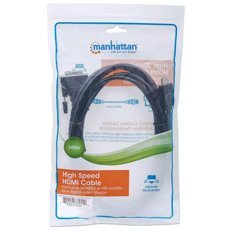 Manhattan HDMI auf DVI-D 24+1 Kabel, 3m, Stecker auf Stecker, Schwarz, Dual Link, Kompatibel mit DVD-D, Lebenslange Garantie, Entspricht HDDVIMM3M