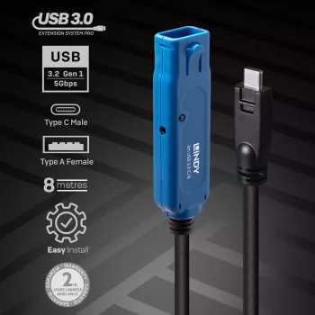 Lindy 43381 USB-Kabel USB 3.2 Gen 1 (3.1 Gen 1) 8 m USB C USB A Schwarz, Blau
