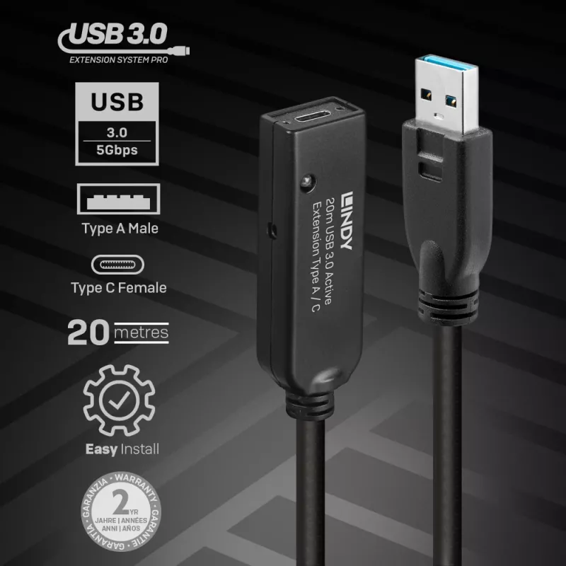 Lindy 20m USB 3.0 Active Extension Type A to C
