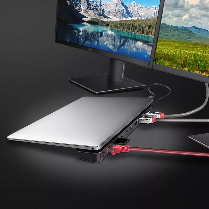 Lindy DST-Mini XT 810, USB-C Laptop Mini Dockingstation mit Einzeldisplay (8K) oder Dual-Display (4K60) und 100W Durchgangsladung