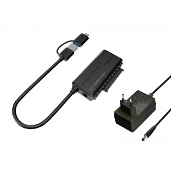 Conceptronic ABBY21B USB 3.0 SATA-Adapter mit Netzteil, 2,5 Zoll/3,5 Zoll SATA HDD/SSD, 2-in-1 USB-C/A-Kabel