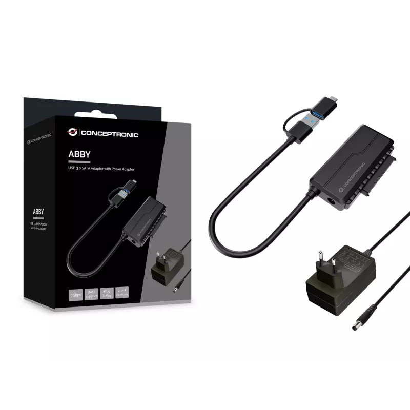 Conceptronic ABBY21B USB 3.0 SATA-Adapter mit Netzteil, 2,5 Zoll/3,5 Zoll SATA HDD/SSD, 2-in-1 USB-C/A-Kabel