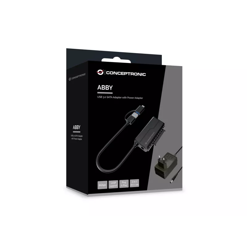 Conceptronic ABBY21B USB 3.0 SATA-Adapter mit Netzteil, 2,5 Zoll/3,5 Zoll SATA HDD/SSD, 2-in-1 USB-C/A-Kabel