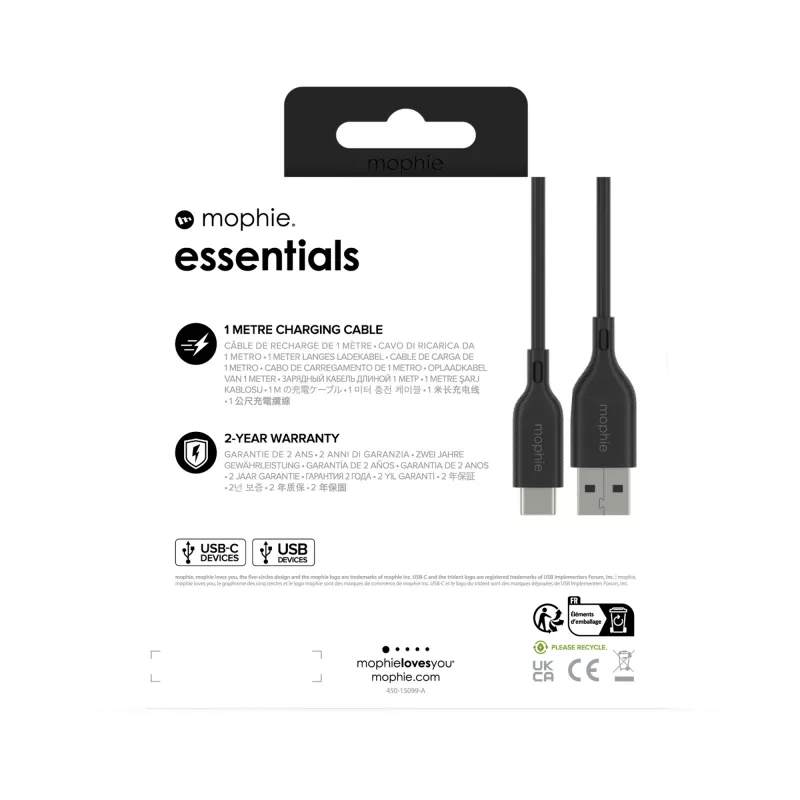 Mophie Essentials Ladekabel | 1 m USB-Kabel USB 2.0 USB A auf USB C Schwarz