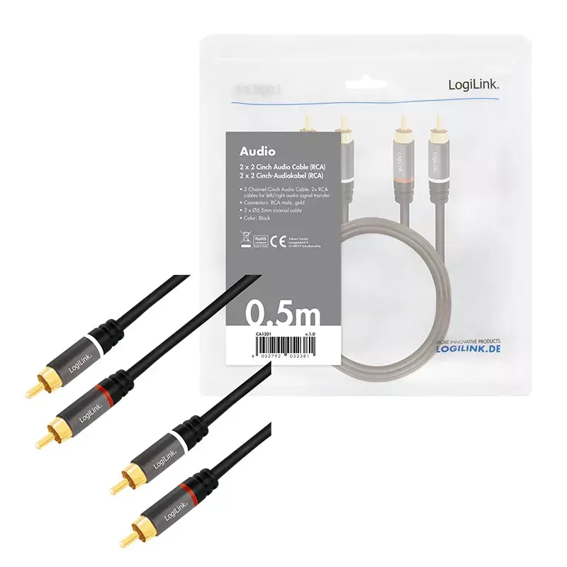 Audiokabel LogiLink CA1201 0,5 m 2 x RCA Schwarz