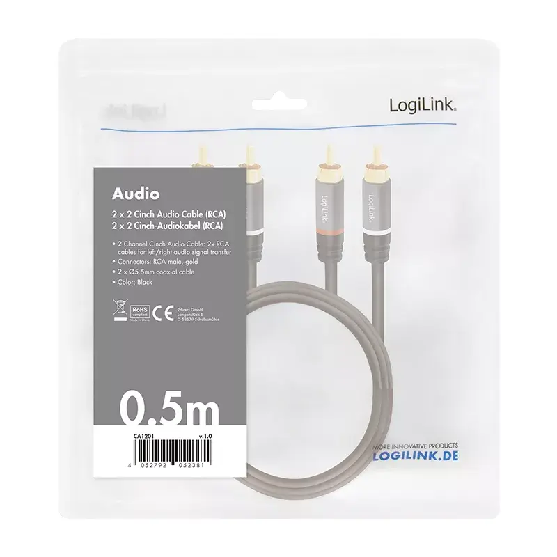 Audiokabel LogiLink CA1201 0,5 m 2 x RCA Schwarz