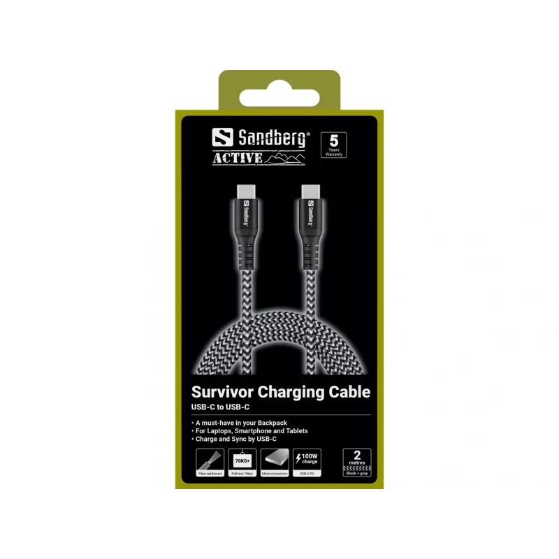 USB-C-Kabel Sandberg Survivor 2M 100W Schwarz Weiß