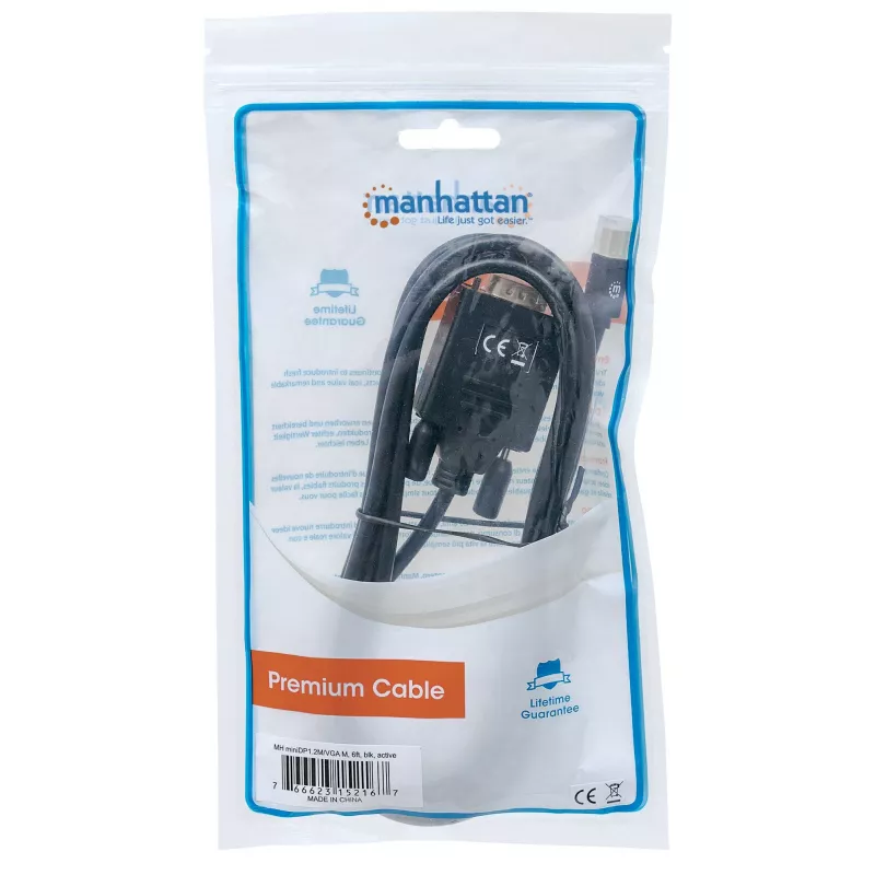 Manhattan Mini DisplayPort 1.2a auf VGA Kabel, 1080@60Hz, Aktiv, 1,8m, Stecker auf Stecker, Schwarz, Polybeutel