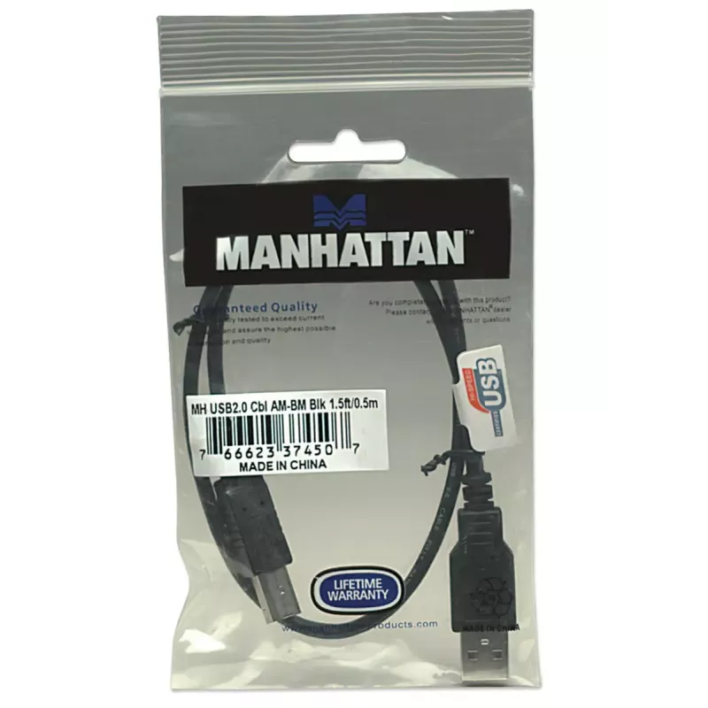 Manhattan USB-A auf USB-B Kabel, 0,5m, Stecker auf Stecker, 480 Mbit/s (USB 2.0), Hi-Speed USB, Schwarz, Lebenslange Garantie, Entspricht USB2HAB50CM