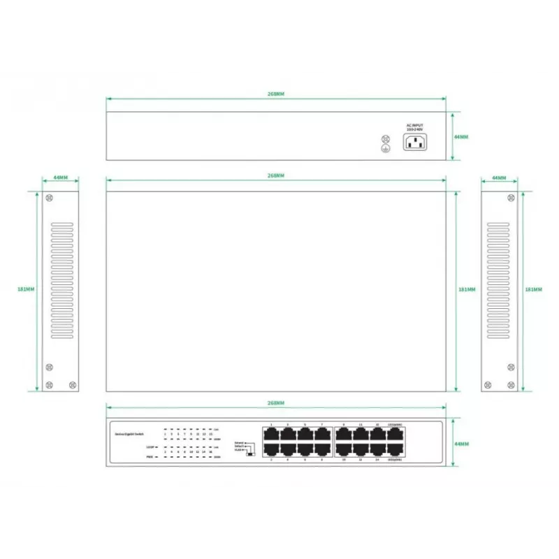 Unmanaged Switch Lanview LVN-1U-16PORT-1G 16-Port 1 Gbit/s Ethernet, Rack-Montage 1U