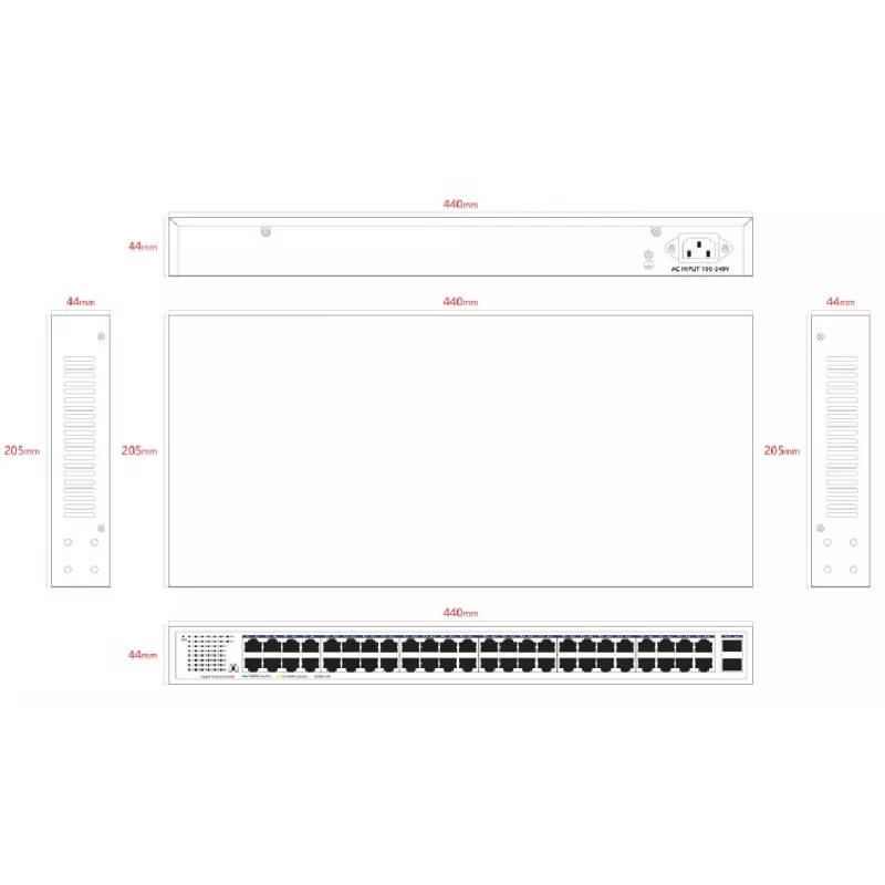 Lanview Unmanaged Switch LVN-1UMOUNT-48PORT-2SFP-1G — 48x RJ45 1G Ports, 2x SFP Uplinks