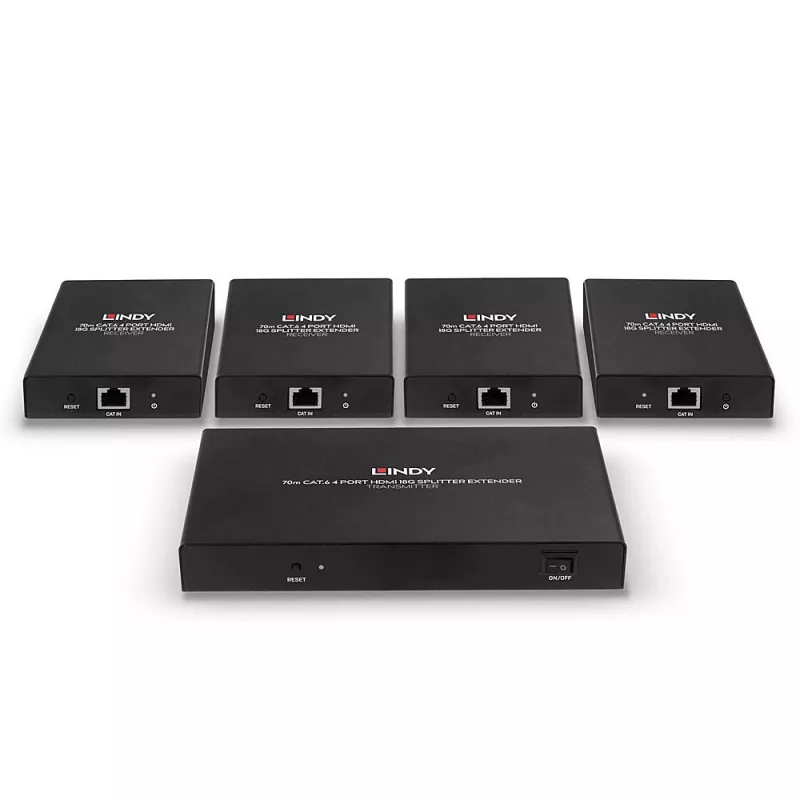 Lindy 70m Cat.6 4 Port HDMI 4K60 Splitter Extender, 3840 x 2160 Pixel, AV-Sender & -Empfänger, 70 m, Kabelgebunden, Schwarz, HDCP