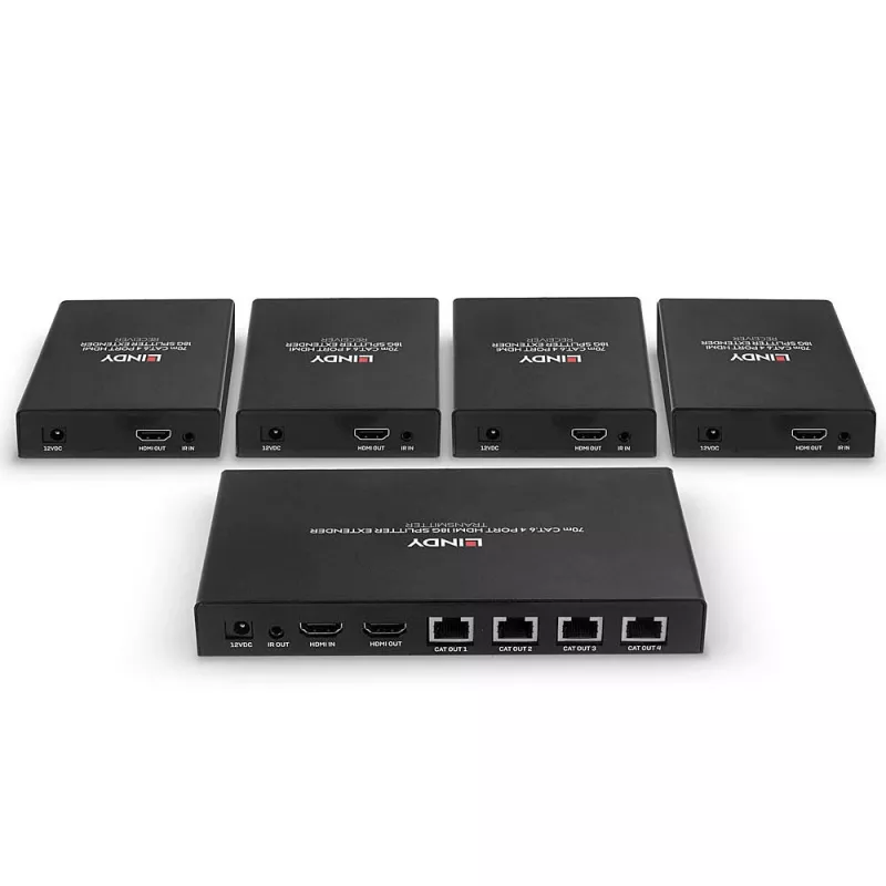 Lindy 70m Cat.6 4 Port HDMI 4K60 Splitter Extender, 3840 x 2160 Pixel, AV-Sender & -Empfänger, 70 m, Kabelgebunden, Schwarz, HDCP