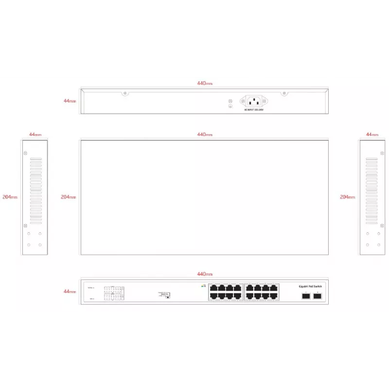 ERNITEC unmanaged PoE Switch ELECTRA-U16-1GB 16 Ports, 1 GbE Uplink, 285W Power Budget