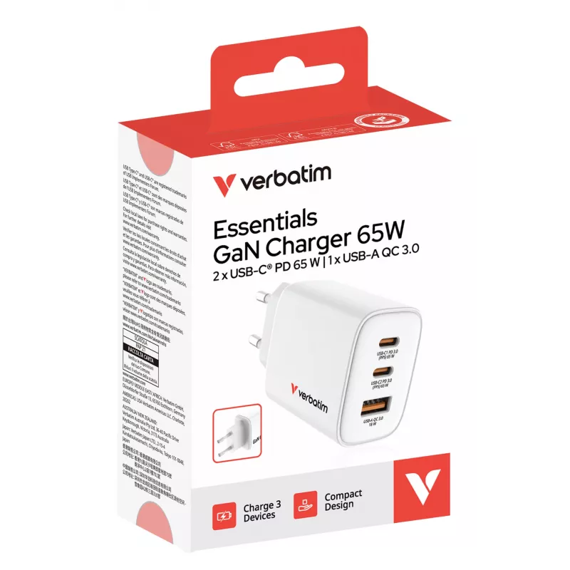 Verbatim Essentials GaN Ladegerät 65W EU-Stecker Weiß, Innenbereich, AC, 20 V, Weiß