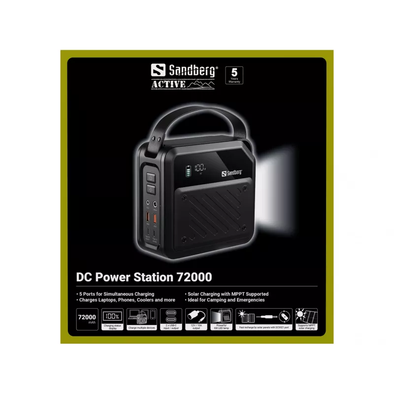 Tragbare DC-Powerstation SANDBERG Sandberg DC Power Station 72000 — LMFP 72.000 mAh, DC- & USB‑C-Eingang, schwarz