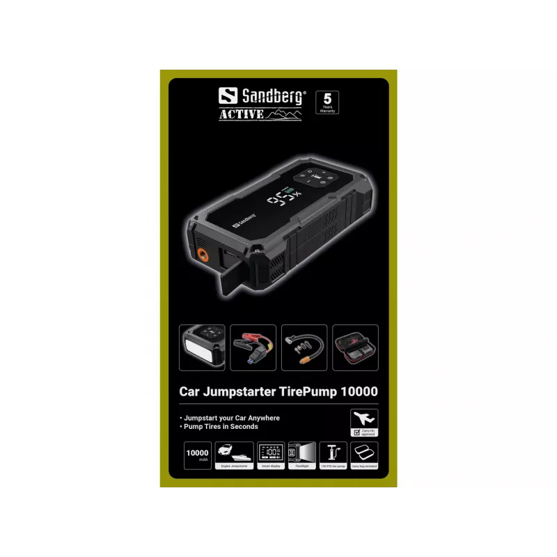 Tragbares Starthilfegerät und Reifenpumpe SANDBERG Sandberg Car Jumpstarter TirePump 10000 — 800 A Startstrom, 2 A Ausgang, 5 V USB