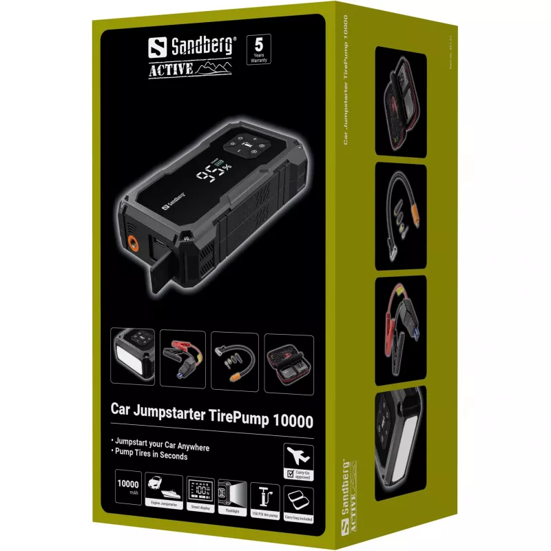 Tragbares Starthilfegerät und Reifenpumpe SANDBERG Sandberg Car Jumpstarter TirePump 10000 — 800 A Startstrom, 2 A Ausgang, 5 V USB