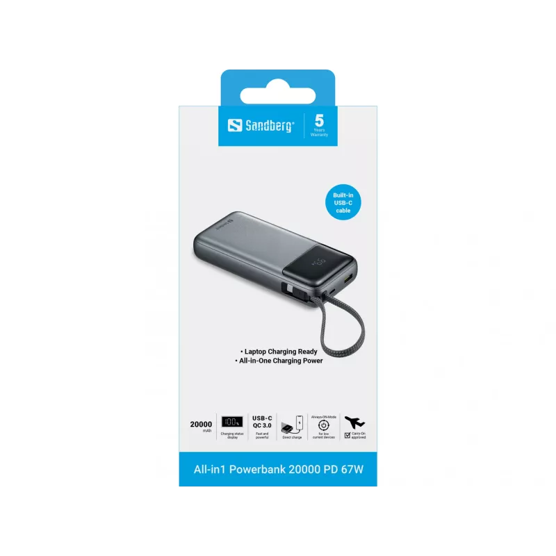 Powerbank SANDBERG All-in1 Powerbank 20000 PD 67W — 20000 mAh LiPo, 1×USB-A, 1×USB-C, 15W Ausgangsleistung, Schwarz/Grau