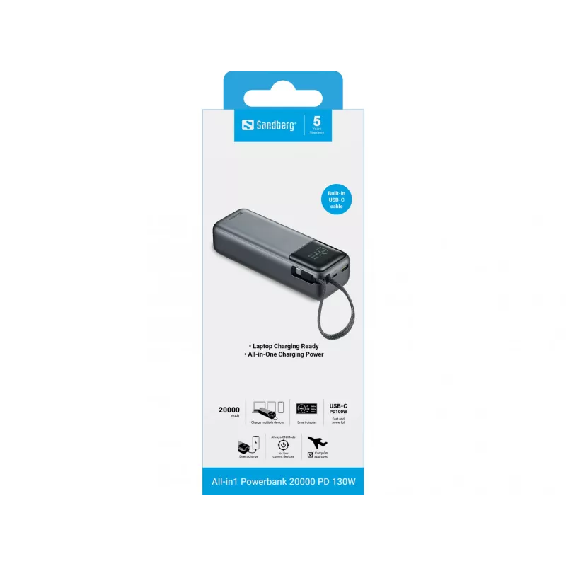 Tragbare Powerbank SANDBERG All-in1 Powerbank 20000 PD 130W — 20000 mAh, LiPo, USB-A 1x, USB-C 1x, 130 W, schwarz/grau