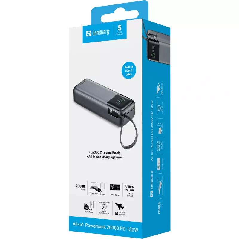 Tragbare Powerbank SANDBERG All-in1 Powerbank 20000 PD 130W — 20000 mAh, LiPo, USB-A 1x, USB-C 1x, 130 W, schwarz/grau