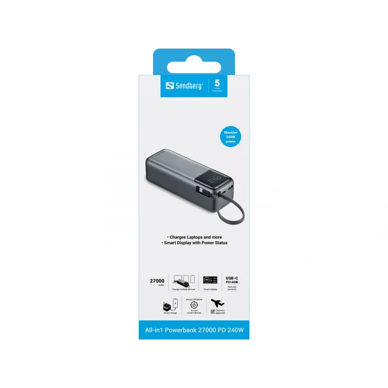 Powerbank SANDBERG All-in1 Powerbank 27000 PD 240W — 27000 mAh LiPo, 240W Ausgang, 1× USB-A, 1× USB-C, 3,6V — Schwarz/Grau