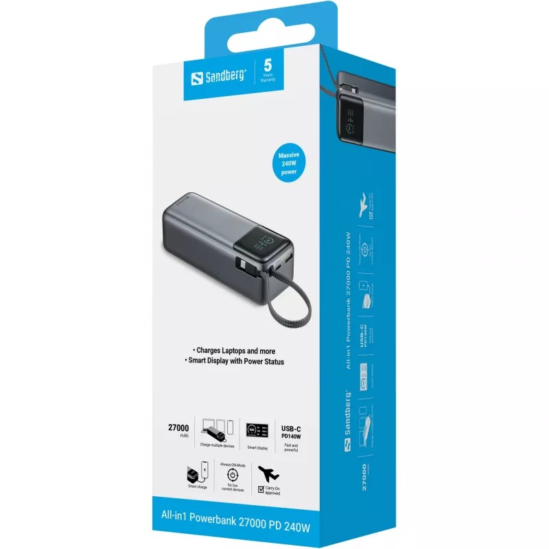 Powerbank SANDBERG All-in1 Powerbank 27000 PD 240W — 27000 mAh LiPo, 240W Ausgang, 1× USB-A, 1× USB-C, 3,6V — Schwarz/Grau