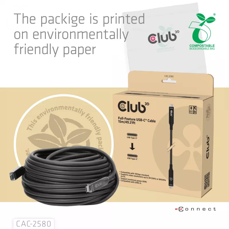 CLUB3D 15M Full-Feature USB-C®-Kabel / 49,21ft 8K60Hz 10Gbps 60W