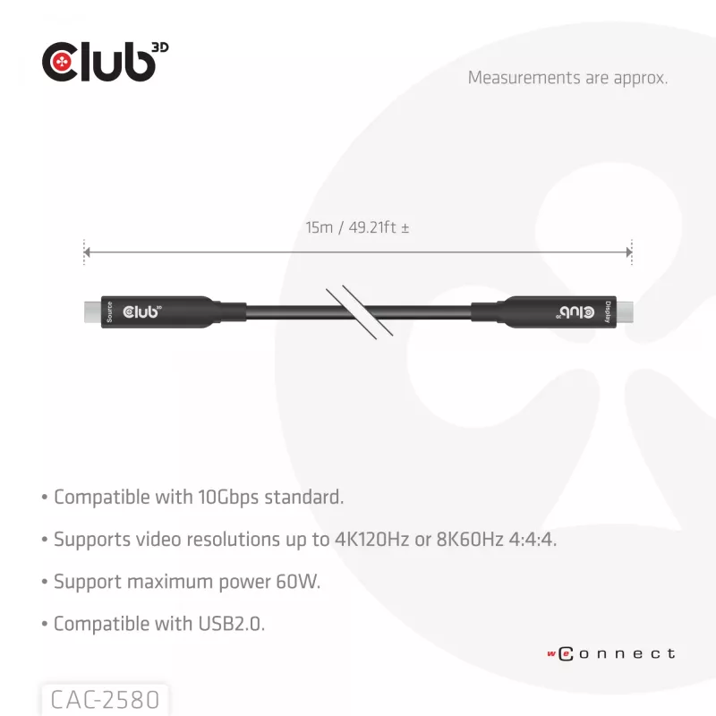 CLUB3D 15M Full-Feature USB-C®-Kabel / 49,21ft 8K60Hz 10Gbps 60W