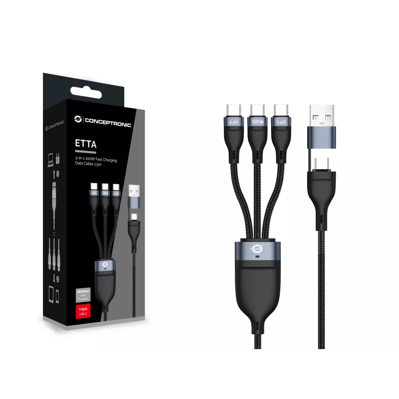 Conceptronic ETTA06B15C 3-in-1 100 W Schnellladedatenkabel 1,5 m, dreifach USB-C, USB 2.0, E-Mark