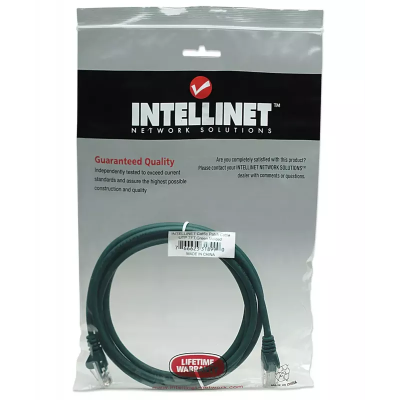 Intellinet Netzwerk-Patchkabel, Cat5e, 2 m, Grün, CCA, U/UTP, PVC, RJ45, vergoldete Kontakte, Knickschutz, angespritzt, lebenslange Garantie