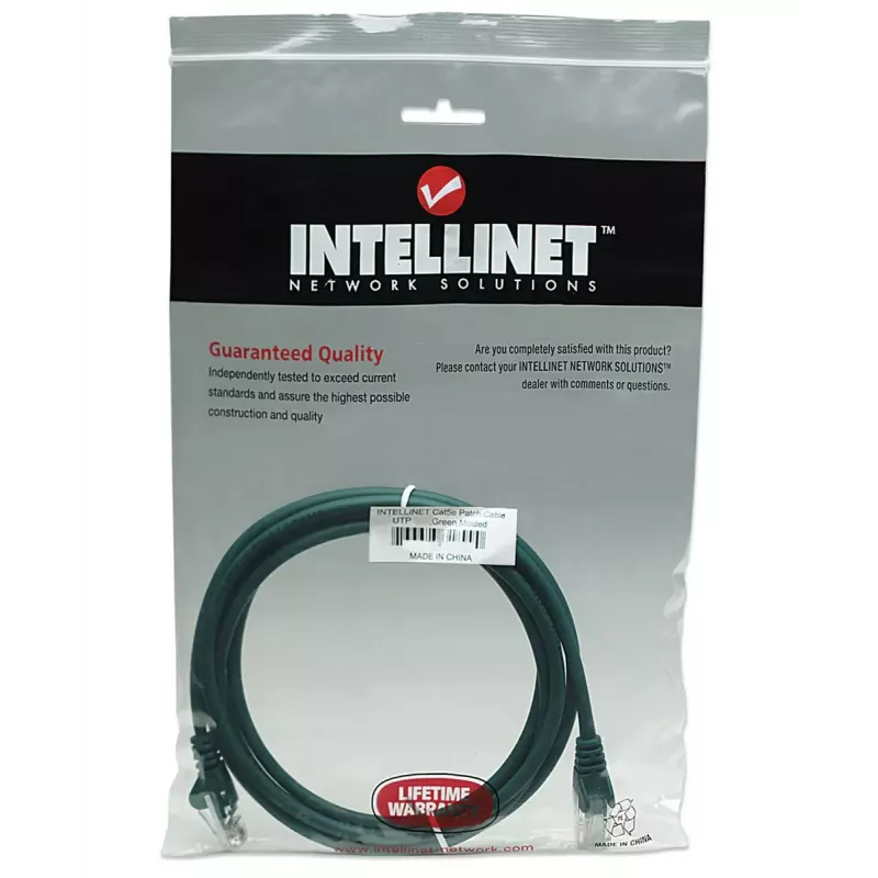 Intellinet Netzwerk-Patchkabel, Cat5e, 5m, Grün, CCA, U/UTP, PVC, RJ45, vergoldete Kontakte, rastnasenschutz, Knickschutztülle, lebenslange Garantie