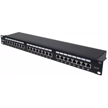 Intellinet Patch Panel, Cat6a, FTP, 24-Port, 1U, geschirmt, 90° Top-Entry LSA-Leisten, schwarz