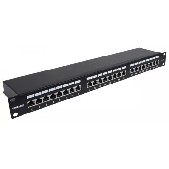 Intellinet Patch Panel, Cat6a, FTP, 24-Port, 1U, geschirmt, 90° Top-Entry LSA-Leisten, schwarz