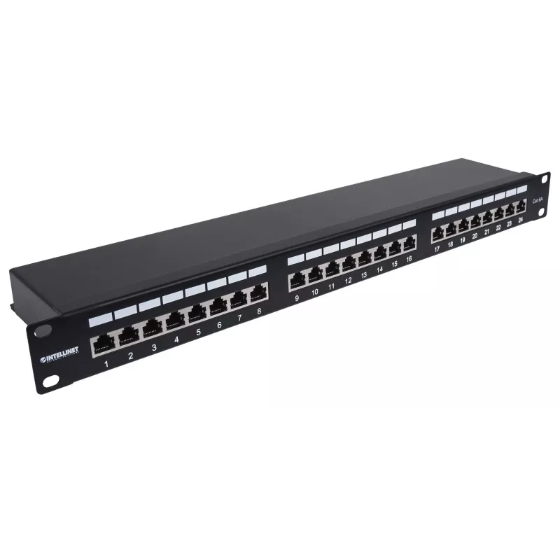 Intellinet Patch Panel, Cat6a, FTP, 24-Port, 1U, geschirmt, 90° Top-Entry LSA-Leisten, schwarz